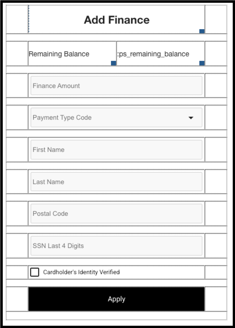 A screenshot shows the layout for a finance form with the option to apply.