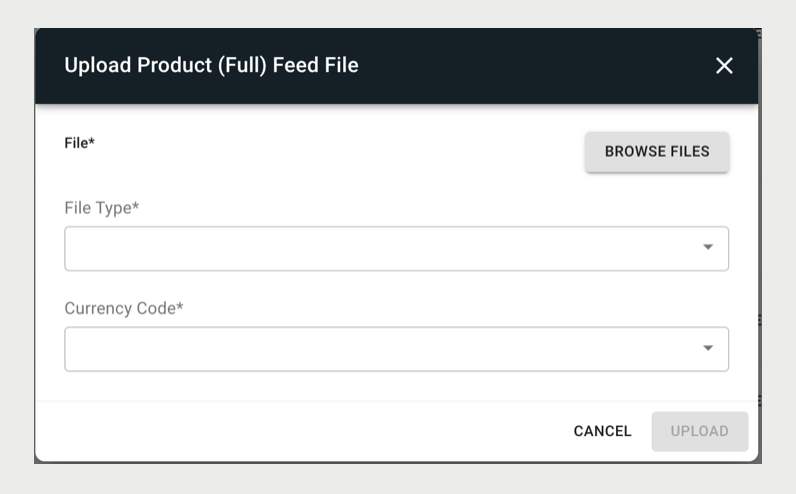 A dialog shows the information required to accompany a full product feed file upload.
