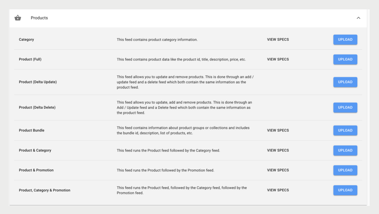 A dialog shows the feed types available in the product category.