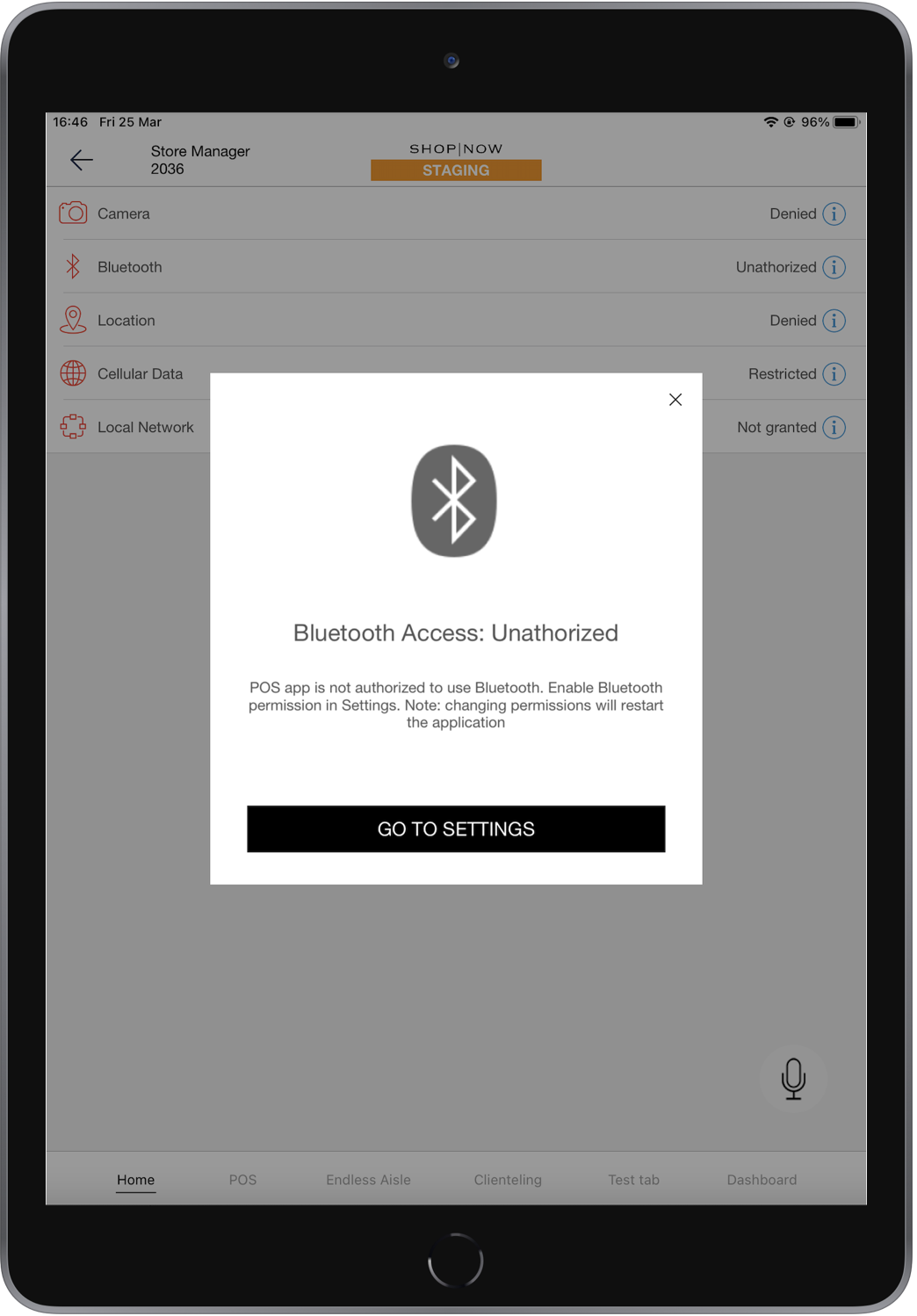 Bluetooth permissions in the POS app