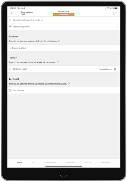The Device manager screen in the POS app on an iOS device