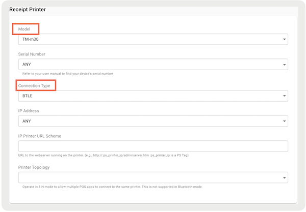 Bluetooth connection turned on for Printer Settings in Point of Sale CMS