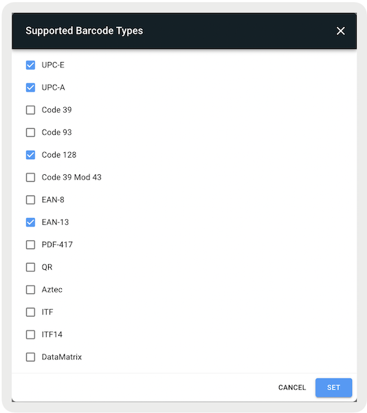 A complete list of supported barcode types, with four selected.