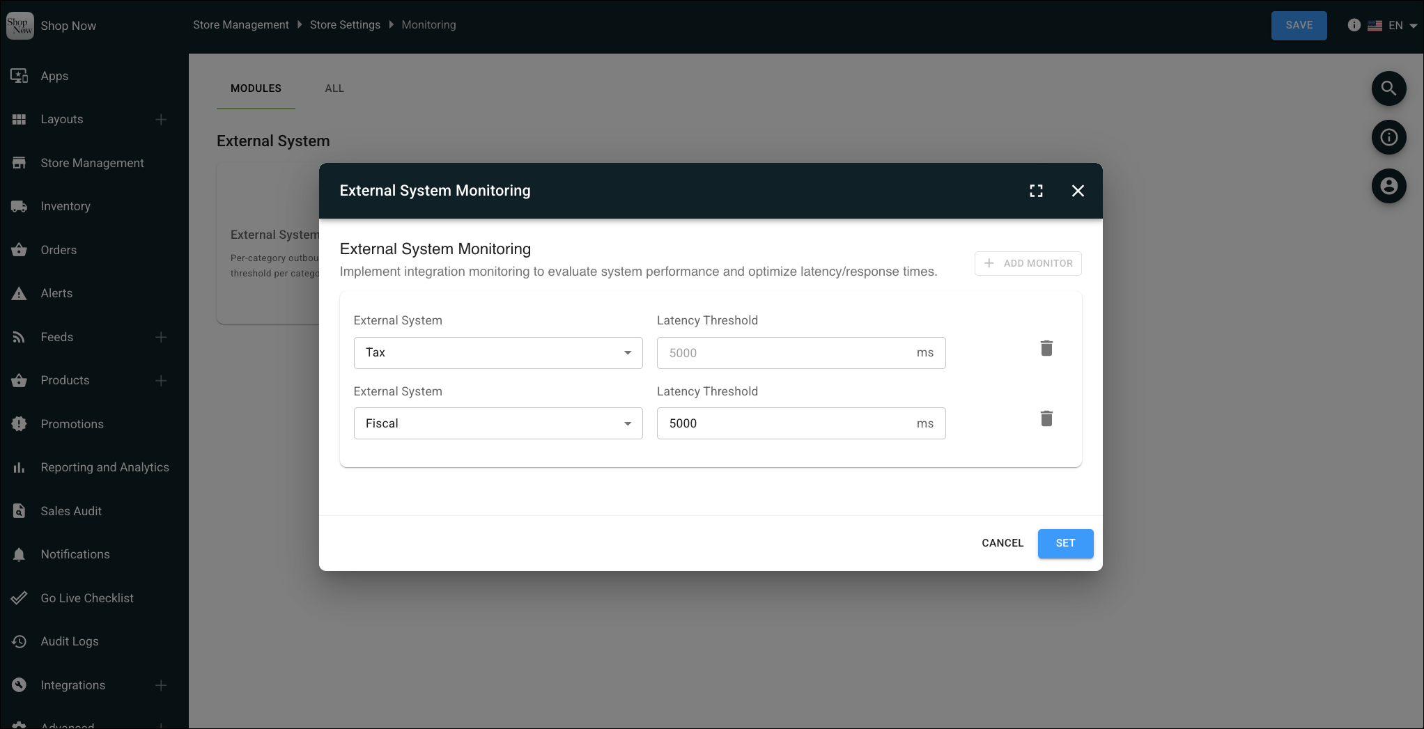 External System Monitoring configuration screen showing tax and fiscalization service monitor settings