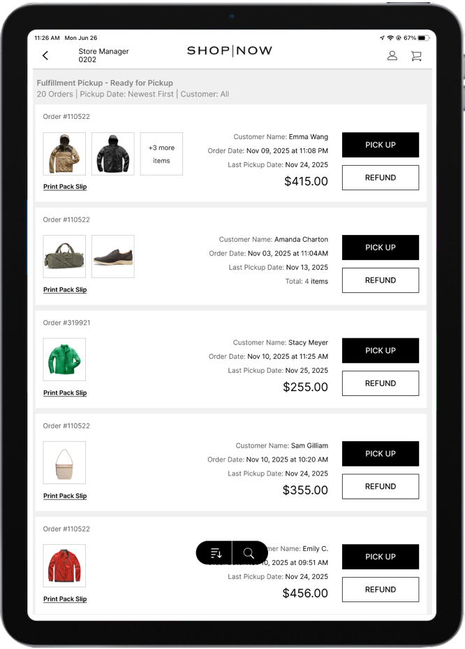 Customer pickup screen with signature capture in the POS app.