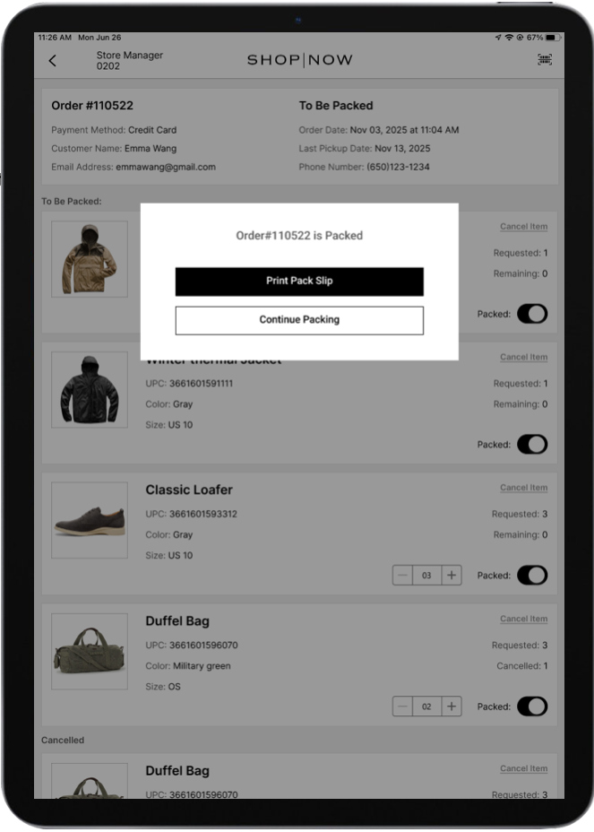 Order Packed dialog with Print Pack Slip option in the POS app.