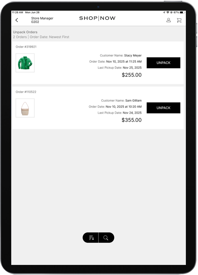 Unpack canceled order screen in the POS app.