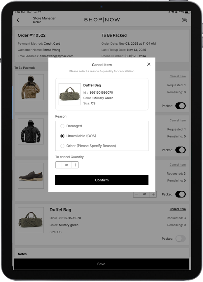 Cancel item dialog with reason code selection in the POS app.