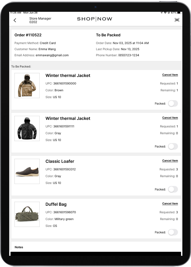 Cancel Item button shown for a line item in the POS app.