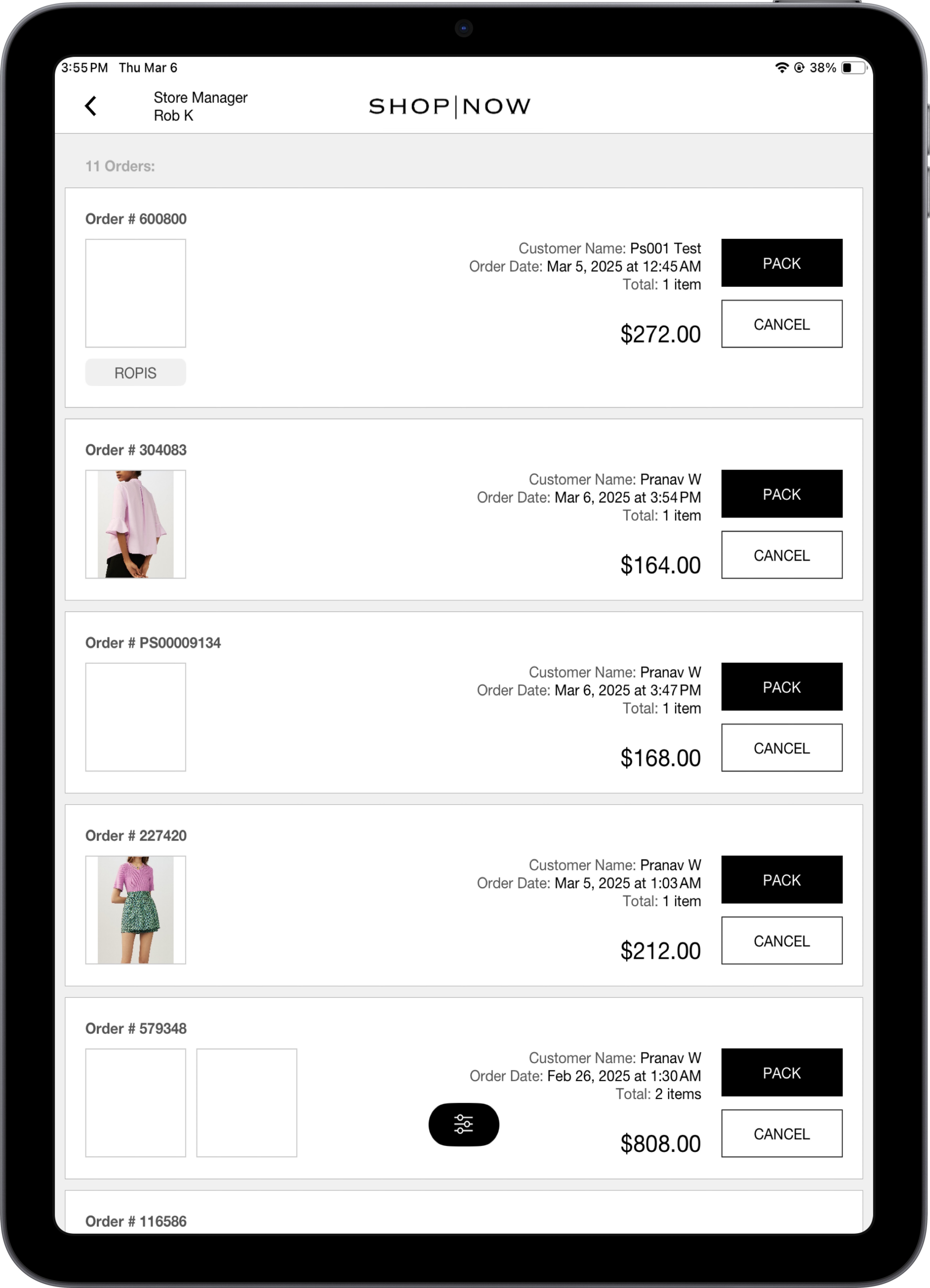 List of orders to pack in the POS app.