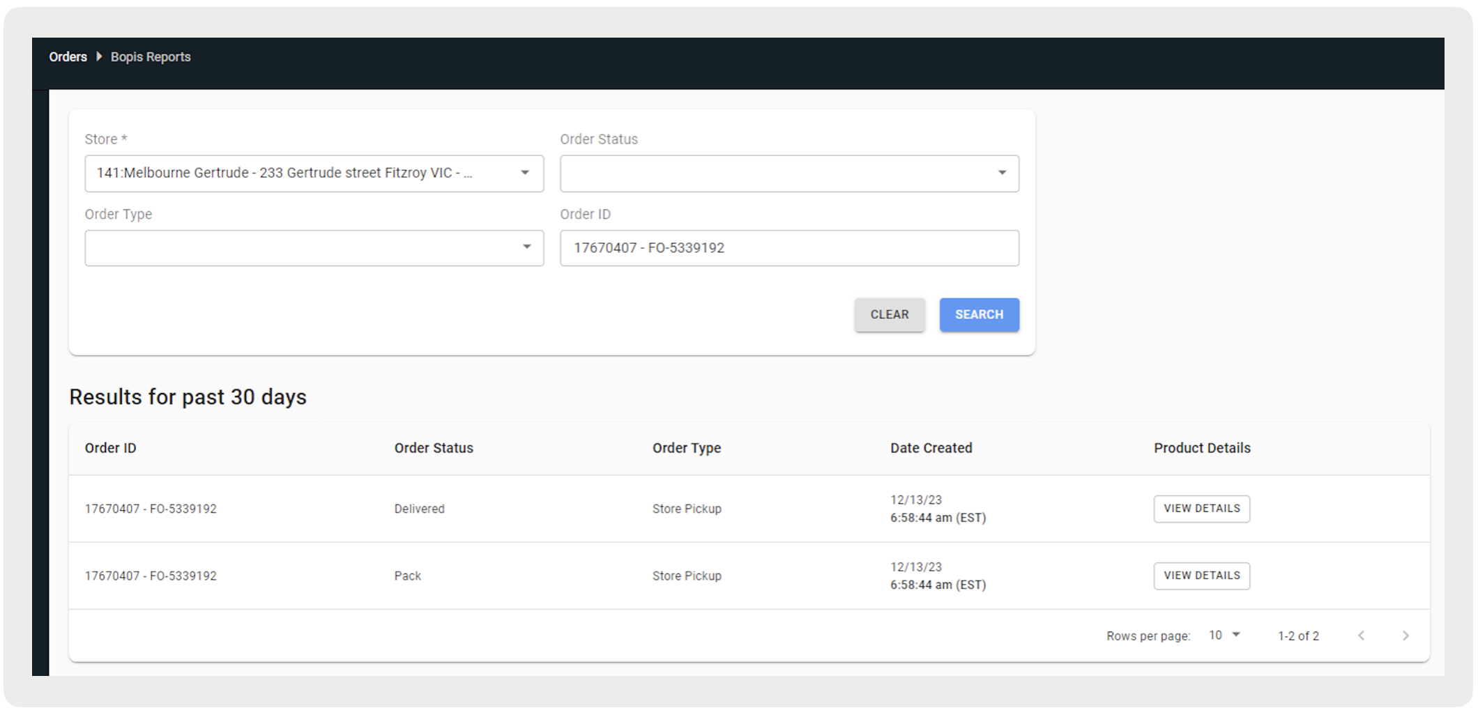 Split order example showing different statuses in Point of Sale CMS.