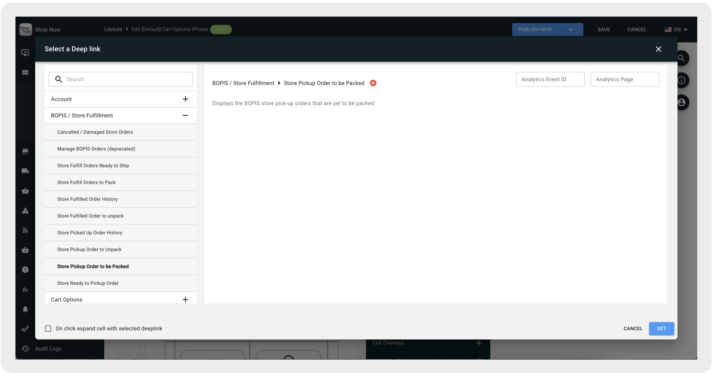 The CMS shows options for selecting ROPIS deep links.