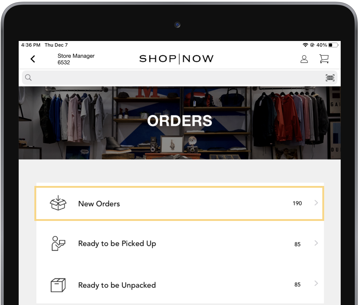 The POS app shows the new order option highlighted.