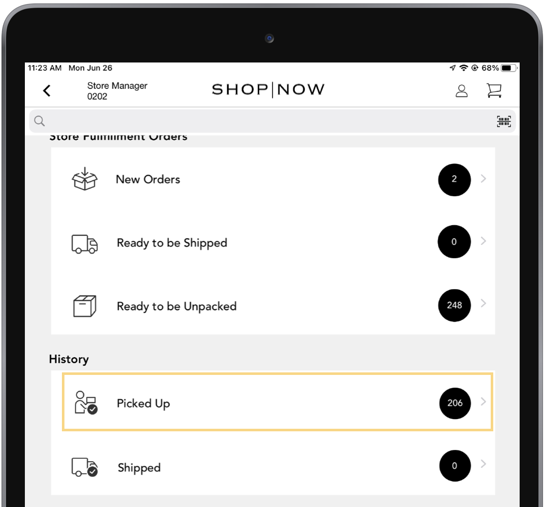 The POS app highlighting an example of the picked up order history deep link option in the UI.