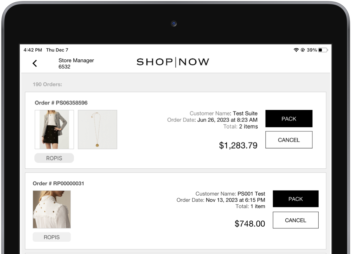 The POS app shows orders labeled as ROPIS.