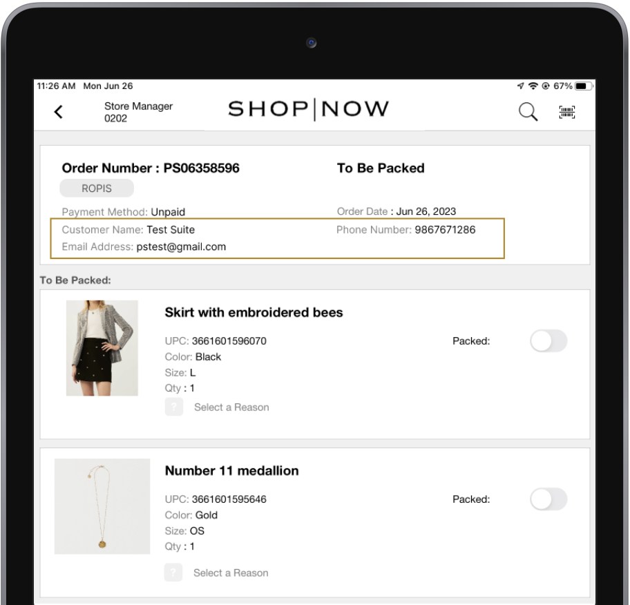 The POS app shows the display of the customer phone number and email address.