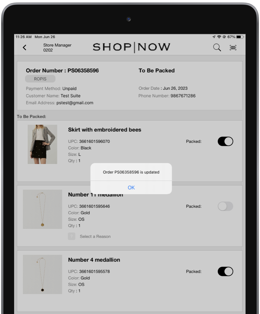 The POS app shows a message indicating that an order has been updated.