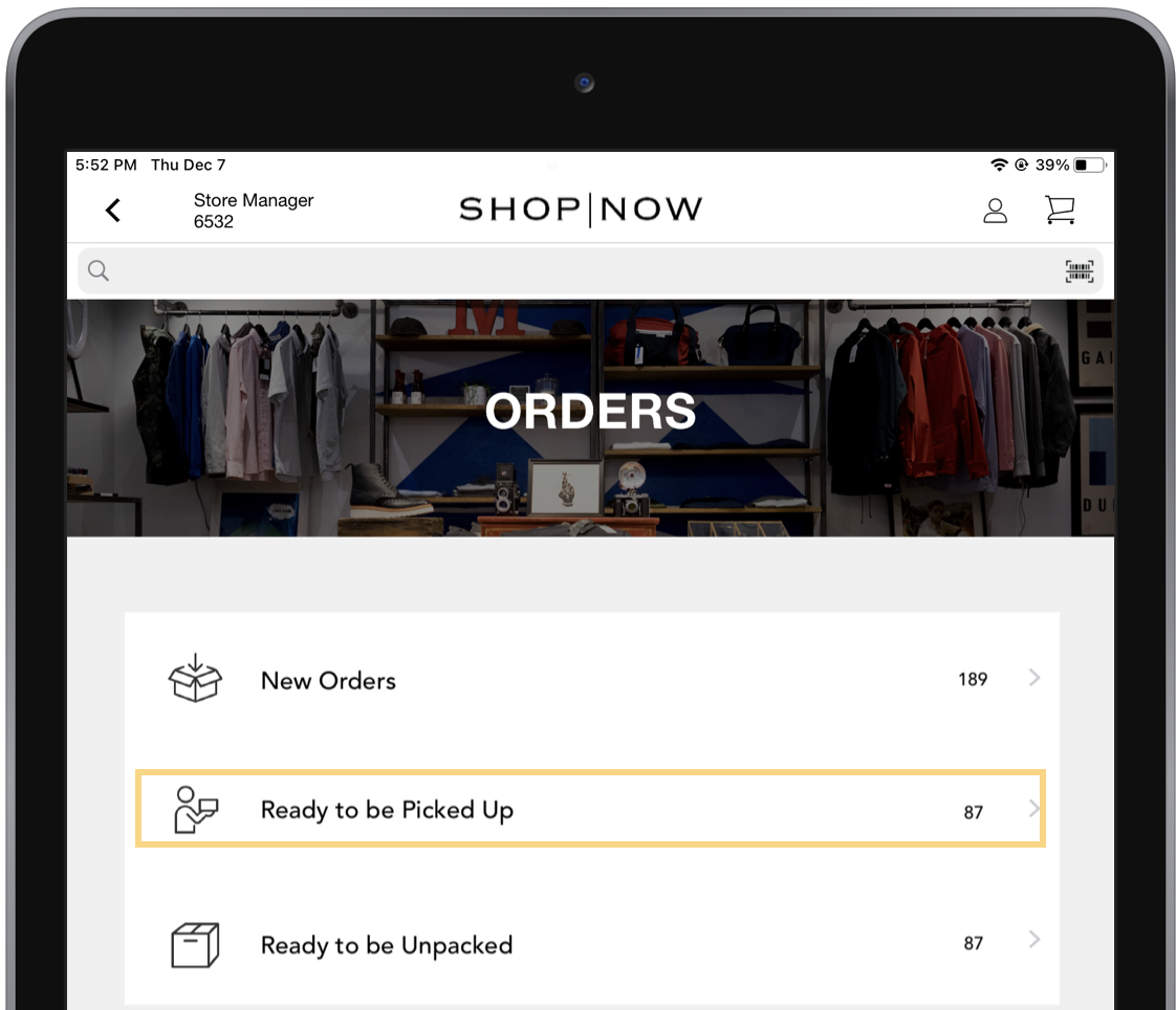 The POS app orders screen with the ready to be picked up option highlighted.