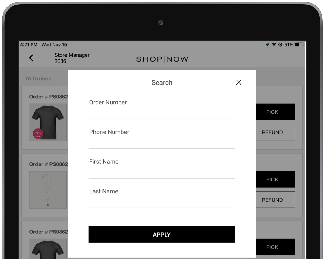 The POS app shows the search options.