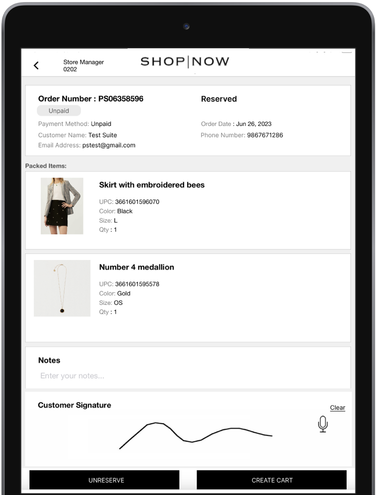 The POS app shows a picked up order complete with customer signature.