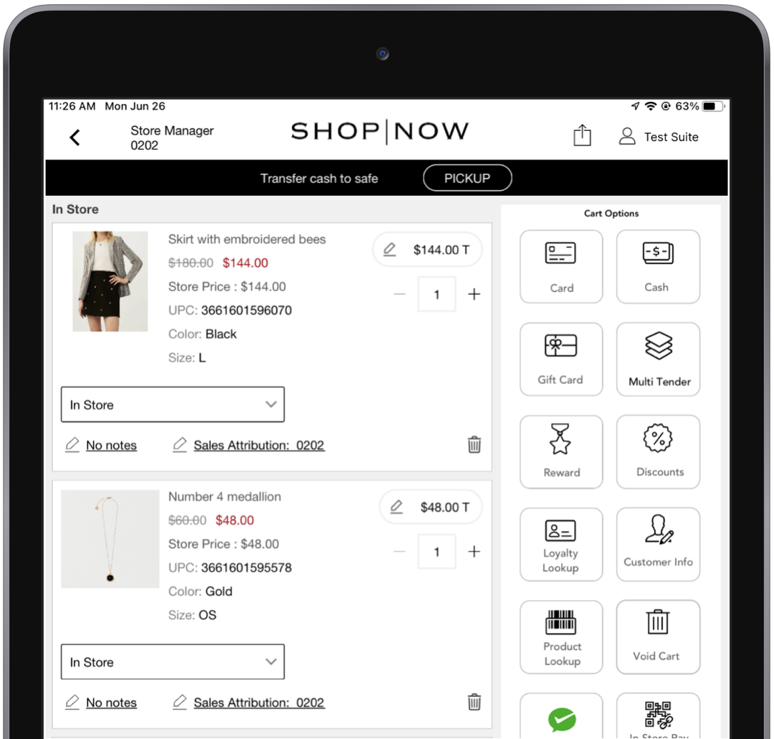The POS app shows items in the saved cart screen.
