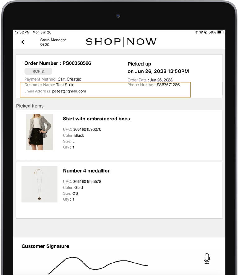 The POS app shows the order history screen with an example of an order showing the customer phone number and email address.