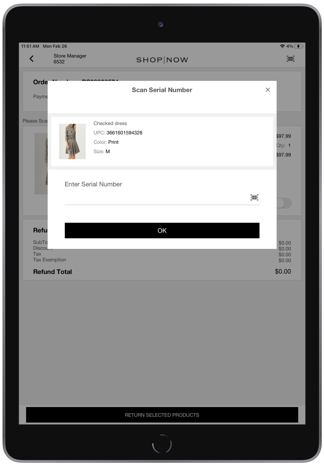 POS app shows a dialog requesting the scan of a returned products serial number.