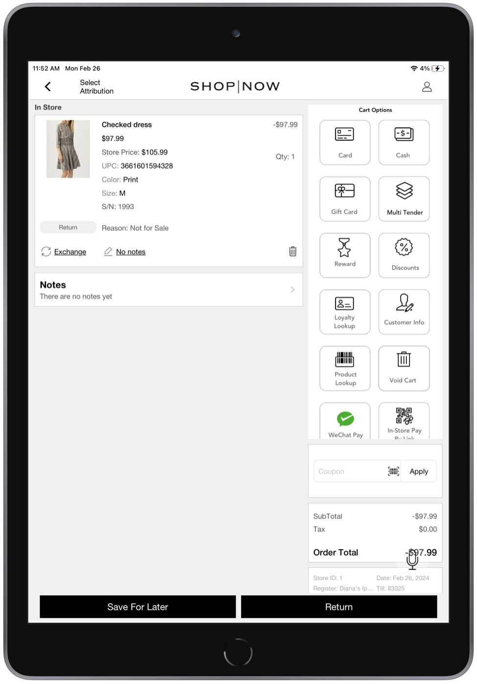 The POS app shows a item with successfully scanned serial number.