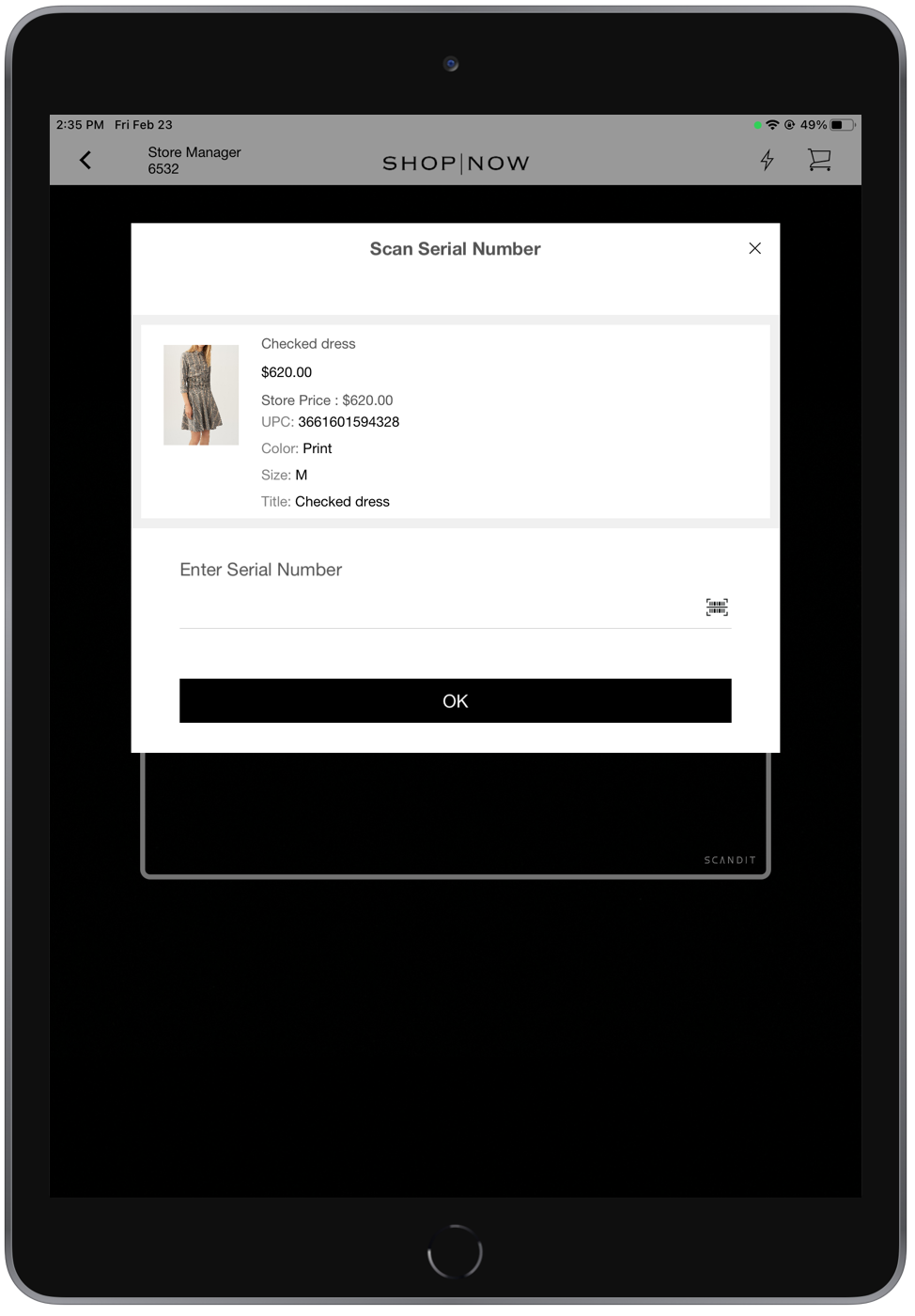 The POS app shows the dialog requesting a scan of a product's serial number.