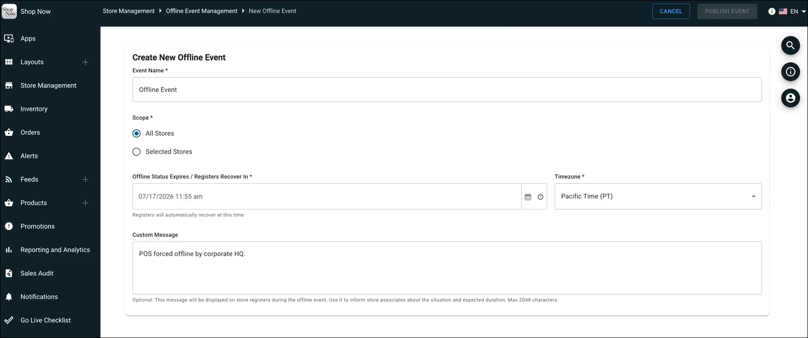 Create offline event configuration screen