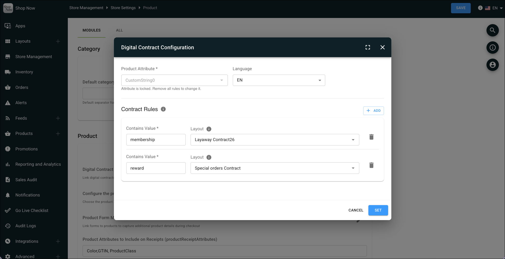 The Digital Contract Configuration dialog in CMS