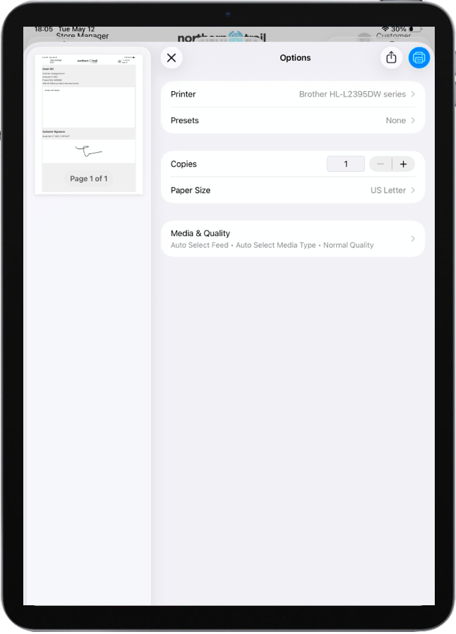 The signed contract with AirPrint preview options
