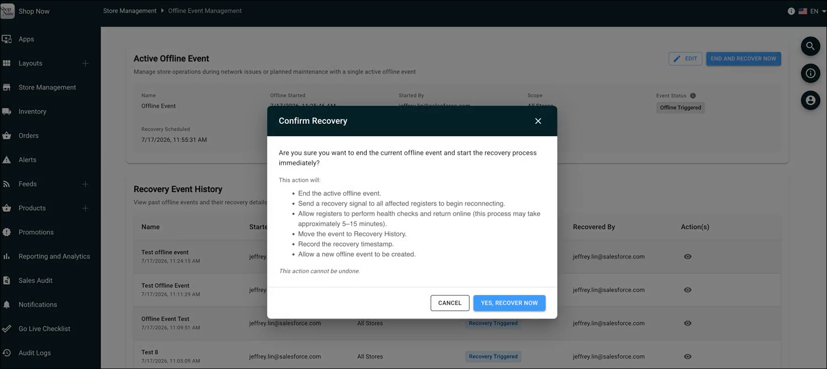 End offline event recovery confirmation dialog