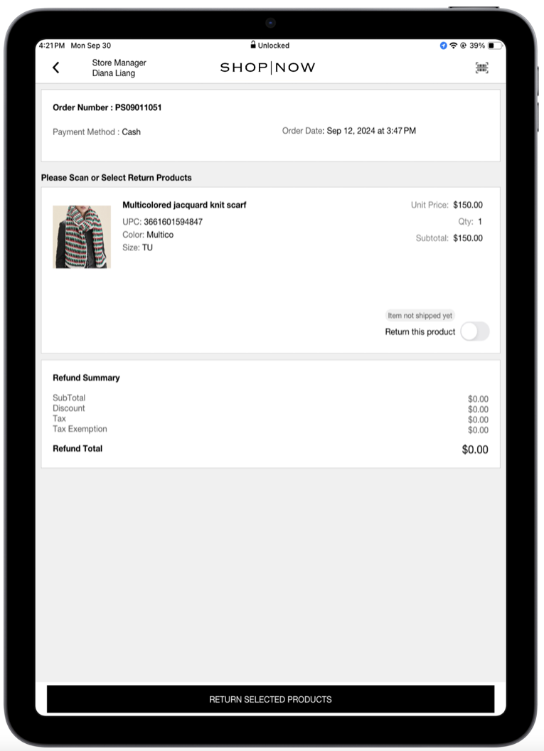 Refund item page showing unshipped item restriction in the POS app.