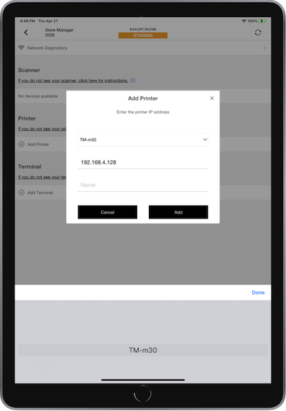 Add an IP address for a printer in the POS app.