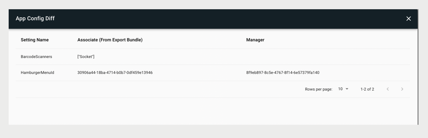 A screenshot shows the output from comparing app configs.