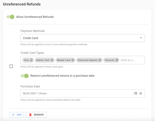 Unreferenced Refund Policy Configuration based on Card Type and Purchase Date