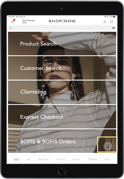 The POS App home screen with the voice icon at the bottom right.