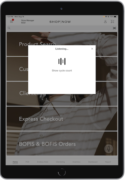 The Listening window in the POS app that appears when you tap Voice Command and say the name of a screen.