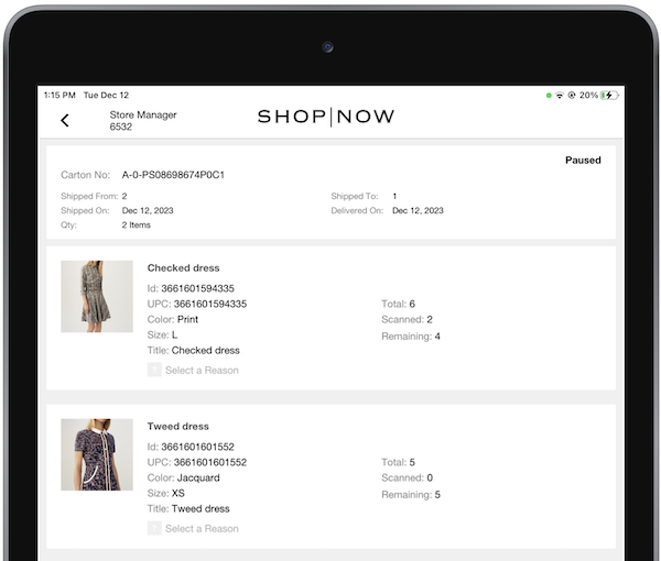 A list of items in a carton received by the merchant, showing in the POS app app.
