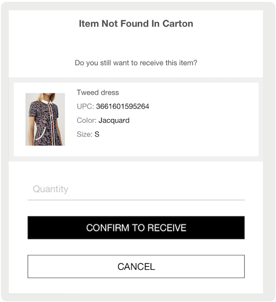 A message in the POS app asking you if you still want to receive an item that you scanned that's not listed in the carton, and enter a quantity.