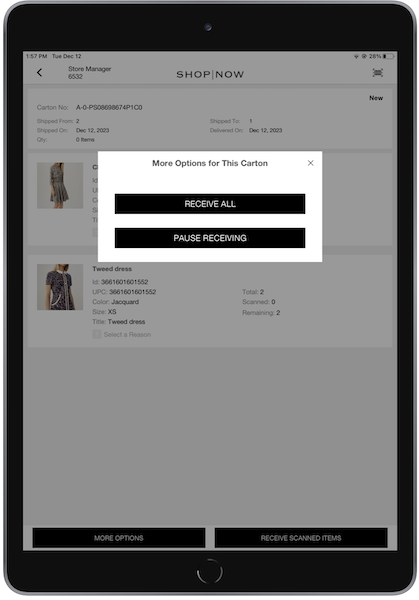 A window in the POS app that gives you the option to pause receiving inventory or receive all inventory.