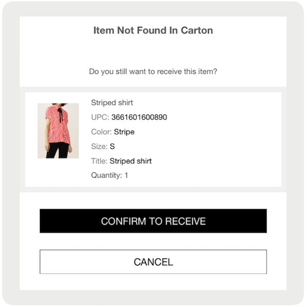 A message in the POS app asking you if you still want to receive this item even though it's not listed in the carton.