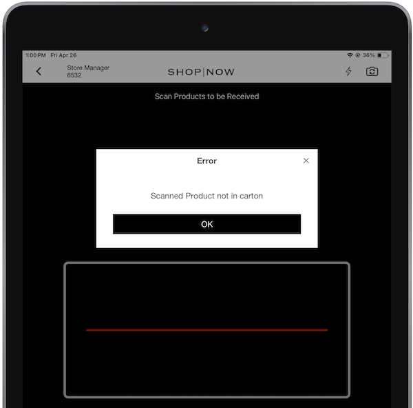 An error message in the device's camera that the scanned product isn't in the received carton.