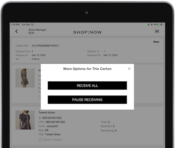 A window in the POS app that asks if you want to receive the carton or pause receiving.