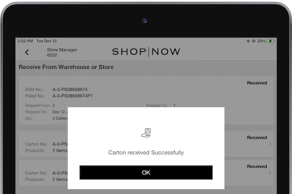 A message in the POS app that the carton was received successfully.