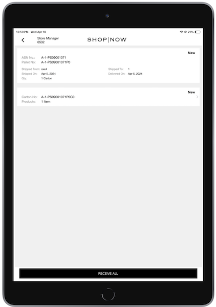 An ASN report in the POS app showing shipments in a New status.