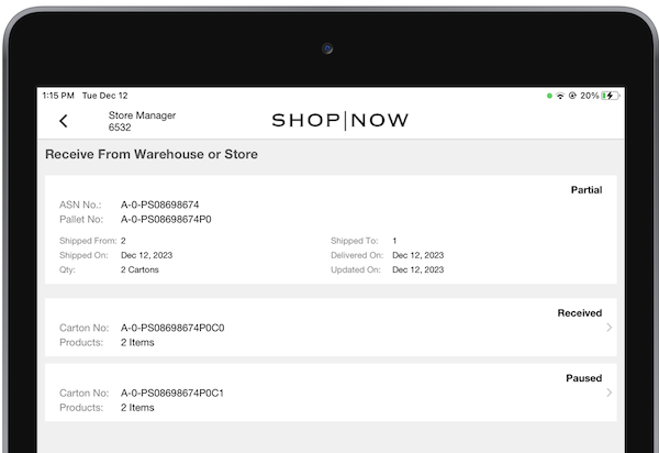 An ASN report that shows cartons in Partial, Received, or Paused status.