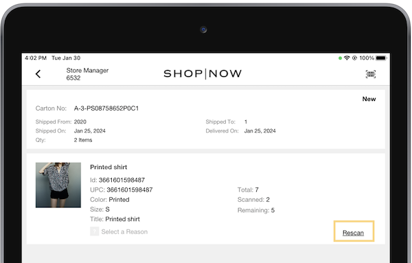 An item shown in the POS app with the Rescan option shown.