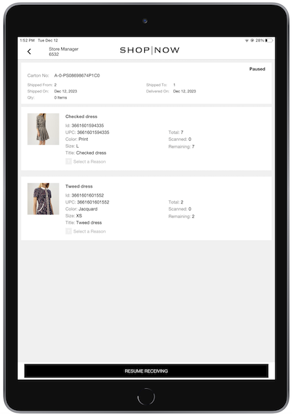 The POS app showing an option to Resume Receiving at the bottom of the screen.
